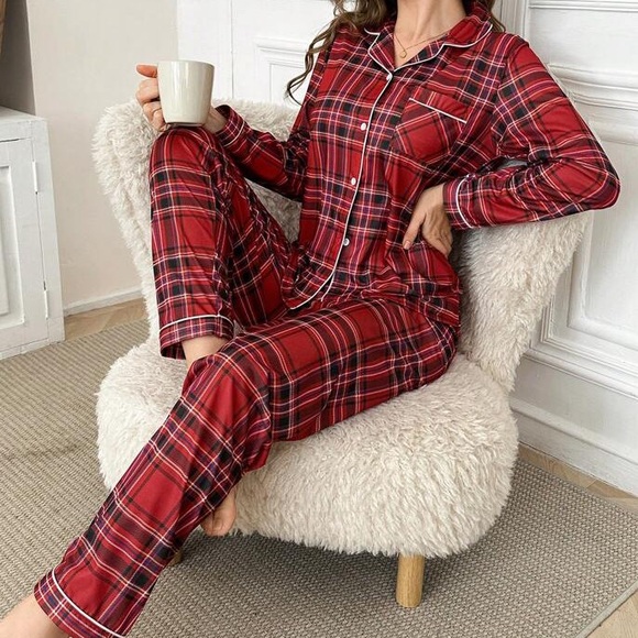 2 piece Set Women Cherry Red Plaid Lapel Long Sleeve Long Pant Pajama Set - Picture 2 of 5